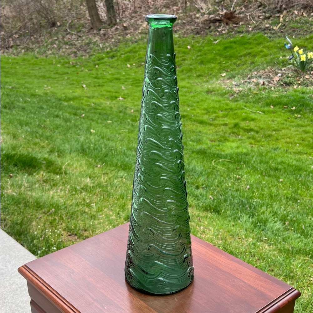Vintage Made in Italy Empoli Blown Glass Genie Bottle Green Wave 1960s MCM